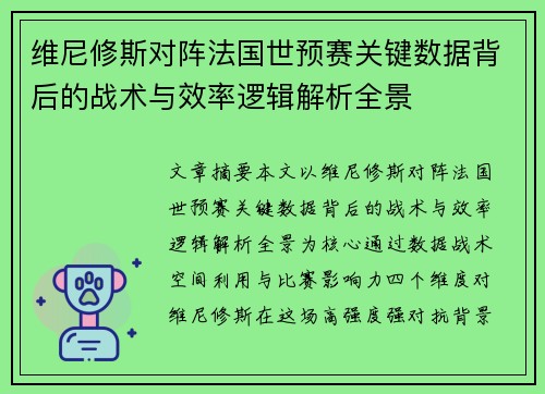 维尼修斯对阵法国世预赛关键数据背后的战术与效率逻辑解析全景